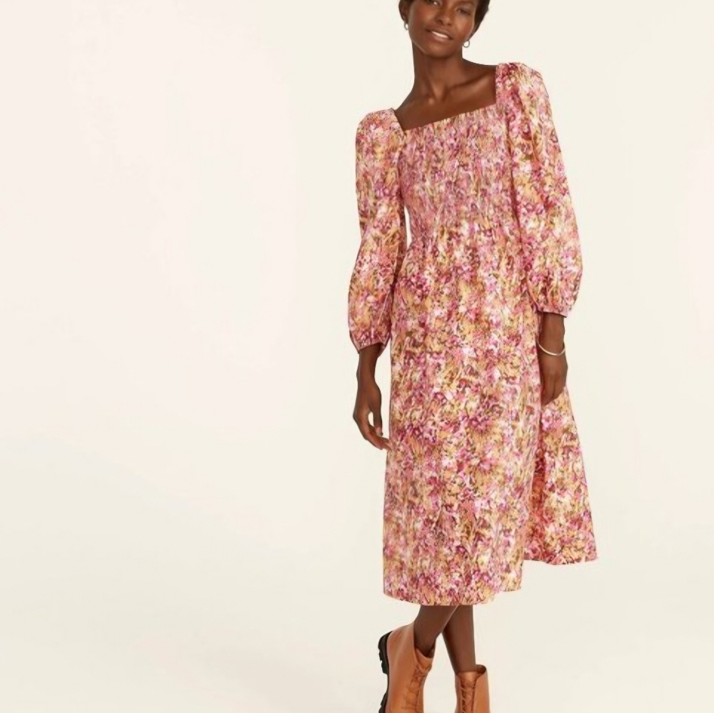 J Crew smocked puff sleeve midi faded floral dress pink brown Boho, S
